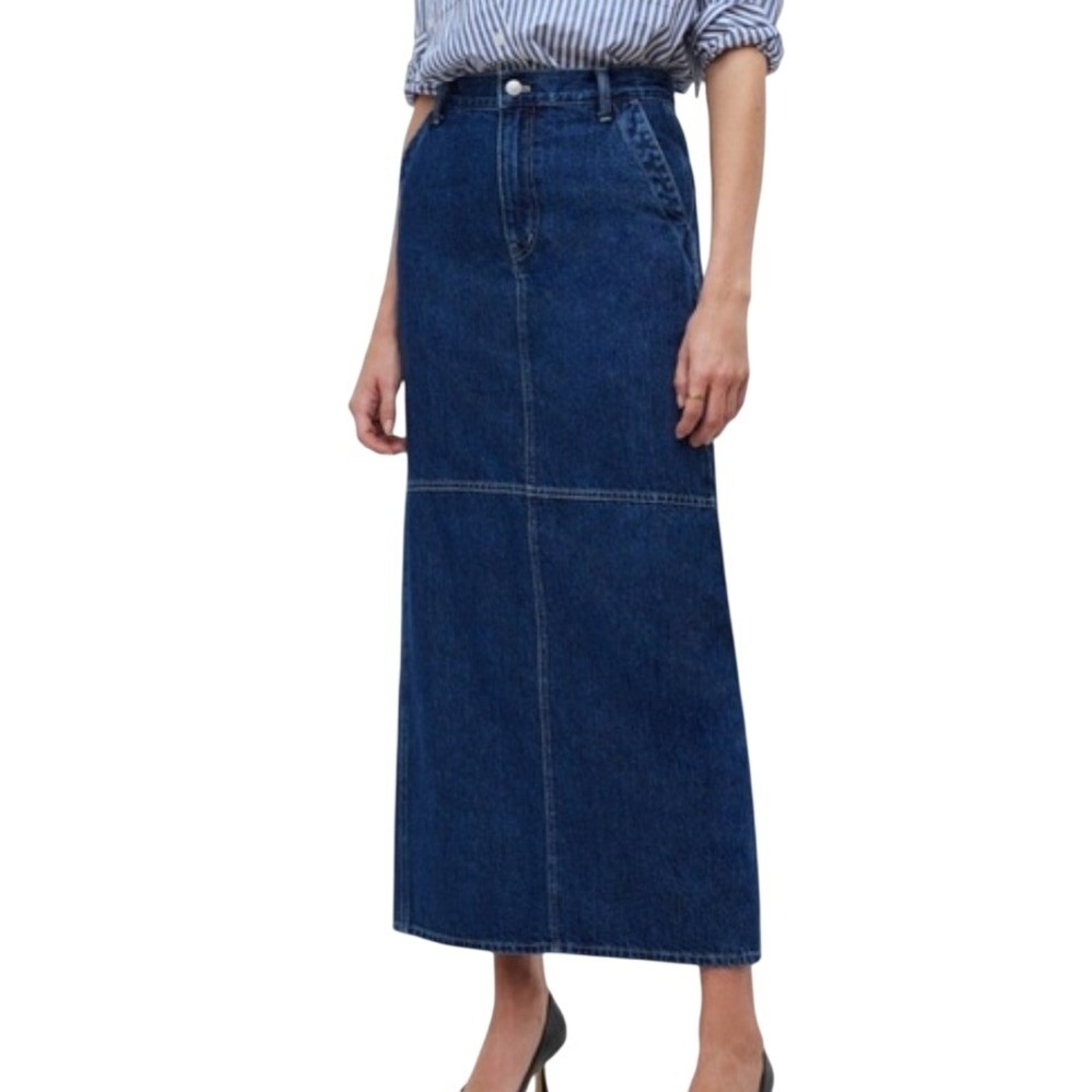 Madewell Sz 30 Denim Midi Skirt Blue Handlon Wash Minimal Basic Transition NWT